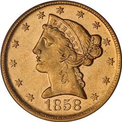 1858-D $5 Liberty PCGS AU58