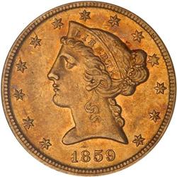 1859-D $5 Liberty. Med D NGC AU58
