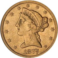 1877-CC $5 Liberty ANACS EF40 Details Cleaned