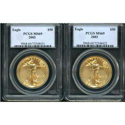Lot of Two 2003 $50 Gold Eagles PCGS MS69