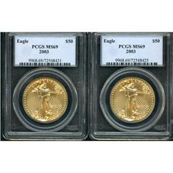 Lot of Two 2003 $50 Gold Eagles PCGS MS69