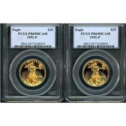 Lot of Two 1992-P $25 Gold Eagle PCGS PR69DCAM