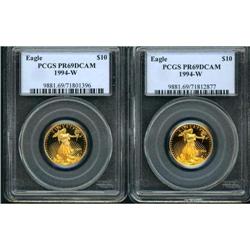 Lot of Two 1994-W $10 Gold Eagle PCGS PR69DCAM