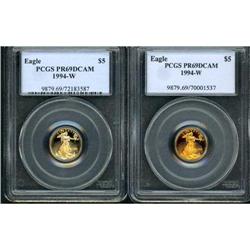 Lot of Two 1994-W $5 Gold Eagle PCGS PR69DCAM