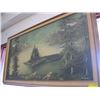 Image 1 : LARGE FRAMED OIL PAINTING OF "THE LAKE & MOUNTAINS" (HAS SMALL TEAR)