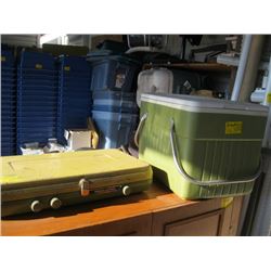 COOLER, PRIMUS PROPANE CAMPSTOVE, WOODEN BOX WITH FISHING REELS