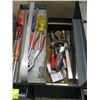 Image 2 : TRAY OF MISC TOOLS, MISC FLASHLIGHT, LEVEL, TAPE MEASURE, GREY TOOLBOX WITH CONTENTS ETC.