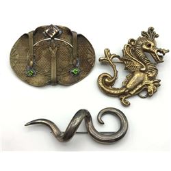 3-VINTAGE LARGE GOLD TONED BROOCHES: (1)DRAGON