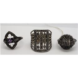 3-VINTAGE STERLING MARCASITE RINGS