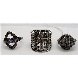 3-VINTAGE STERLING MARCASITE RINGS