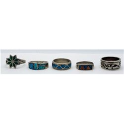 5-NAVAJO STYLE STERLING RINGS (4)HAVE AN INLAY