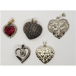 5-STERLING HEART PENDANTS-(1)MARCASITE LOCKET