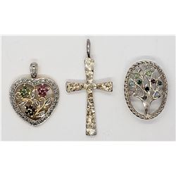 3-STERLING PENDANTS: (1)CROSS (1)HEART WITH CZ &