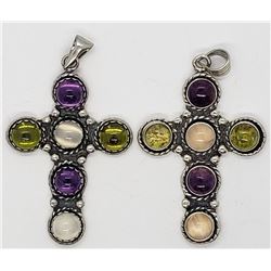 2-STERLING CROSS PENDANTS WITH PINK-GREEN-