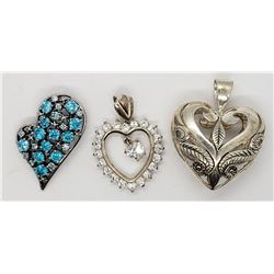 3-STERLING HEART PENDANTS: (1)BLUE STONES (1)FILIG