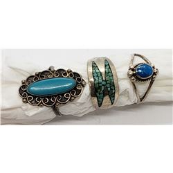 3-STERLING NAVAJO RINGS-TURQUOISE STONE/INLAY