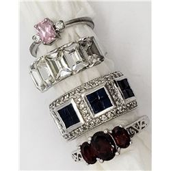 4-STERLING BLING RINGS-RUBY RED-PINK-NAVY-CLEAR