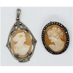 STERLING CAMEO LOT: (1)BROOCH (1)PENDANT