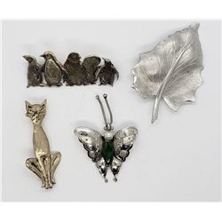 4-STERLING PIN/BROOCHES: (1)LEAF (1)BUFFTERFLY