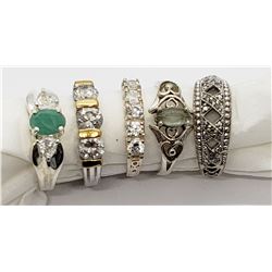 5-STERLING BLING RINGS WITH GREEN AND CLEAR