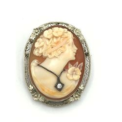 14K GOLD CAMEO DIAMOND BROOCH