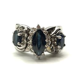 14K RING W BLUE STONES & ACCENT DIAMONDS