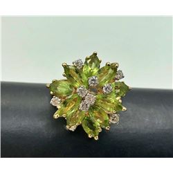 14K FLOWER RING GREEN STONES & DIAMONDS