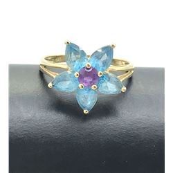 14K GOLD FLOWER RING BLUE & PURPLE SZ 7.5