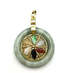 14K GOLD JADE CIRCLE PENDANT W MULTI