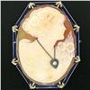 Image 1 : Vintage 14kt White Gold and Blue Enamel Carved Shell Cameo Brooch or Pendant