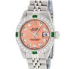 Image 2 : Rolex Ladies Stainless Steel Quickset Salmon Diamond & Emerald Wristwatch
