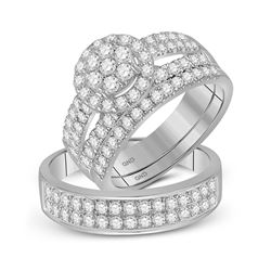 His Hers Round Diamond Cluster Matching Wedding Set 1-3/4 Cttw 14kt White Gold - REF-126X9A