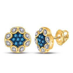 Womens Round Blue Color Enhanced Diamond Cluster Earrings 1/5 Cttw 10kt Yellow Gold - REF-13W9K