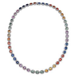 33.92 CTW Multi-Color Sapphire & Diamond Necklace 14K White Gold - REF-664H4M