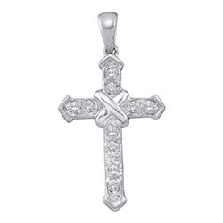 Womens Round Diamond Cross Pendant 1/10 Cttw 14kt White Gold - REF-7K5Y