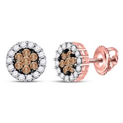 Womens Round Brown Diamond Flower Cluster Earrings 1 Cttw 14kt Rose Gold - REF-47K9Y