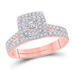 Round Diamond Halo Bridal Wedding Ring Band Set 1/2 Cttw 10kt Rose Gold - REF-35K9Y