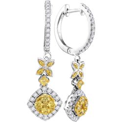 Womens Round Yellow Diamond Cocktail Dangle Earrings 1 Cttw 14kt White Gold - REF-91R9X