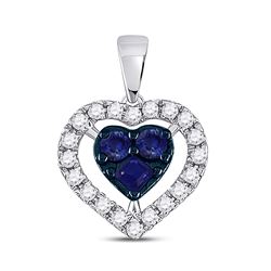 Womens Round Blue Sapphire Diamond Heart Pendant 1/2 Cttw 10kt White Gold - REF-10W5K