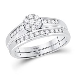 Round Diamond Flower Cluster Bridal Wedding Ring Set 1/2 Cttw 10kt White Gold - REF-38H9R