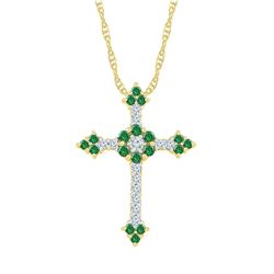 Womens Round Lab-Created Emerald Cross Pendant 7/8 Cttw 10kt Yellow Gold - REF-27A9M