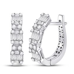 Womens Baguette Diamond Fashion Hoop Earrings 1 Cttw 14kt White Gold - REF-98A5M