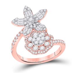 Womens Baguette Diamond Bypass Flower Cocktail Ring 1-1/3 Cttw 14kt Rose Gold - REF-98Y5N