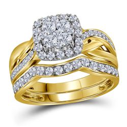 Round Diamond Cluster Bridal Wedding Ring Band Set 1 Cttw 14kt Yellow Gold - REF-85A9M