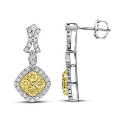 Womens Round Yellow Diamond Offset Square Dangle Earrings 1-1/3 Cttw 14kt White Gold - REF-124X9A