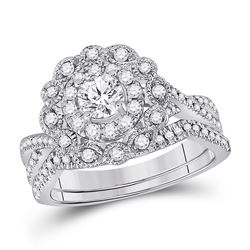 Round Diamond Halo Bridal Wedding Ring Band Set 1 Cttw 14kt White Gold - REF-159F9W