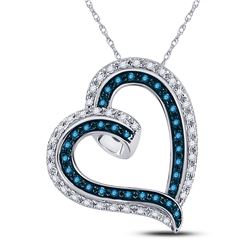 Womens Round Blue Color Enhanced Diamond Heart Pendant 1/6 Cttw 10kt White Gold - REF-13K9Y