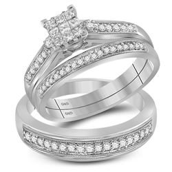 His Hers Princess Diamond Cluster Matching Wedding Set 1/2 Cttw 10kt White Gold - REF-55A9M