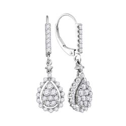 Womens Round Diamond Teardrop Frame Cluster Dangle Earrings 7/8 Cttw 14kt White Gold - REF-57X5A