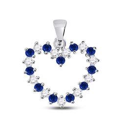 Womens Round Blue Sapphire Diamond Heart Pendant 1/2 Cttw 10kt White Gold - REF-25M9H